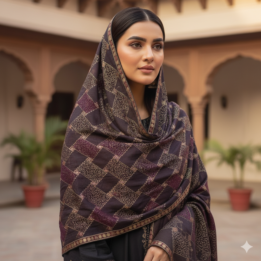 Full Embroidered Shawl - Black